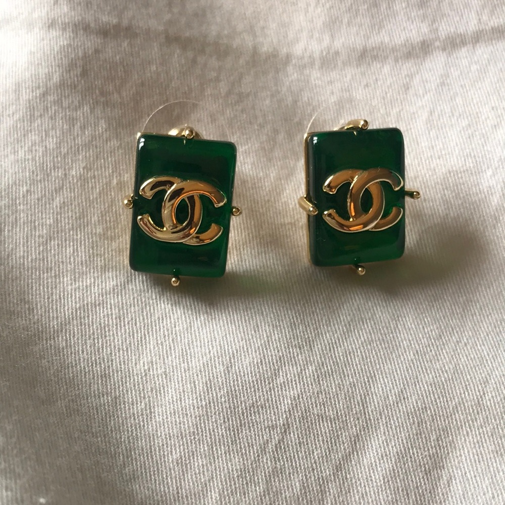 CHANEL Rectangular Green and Gold Earrings